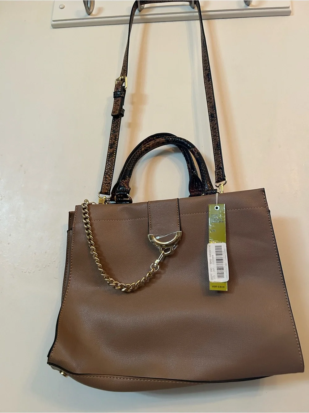 Gianni Bini Taupe Structured Satchel with Gold Chain Accent